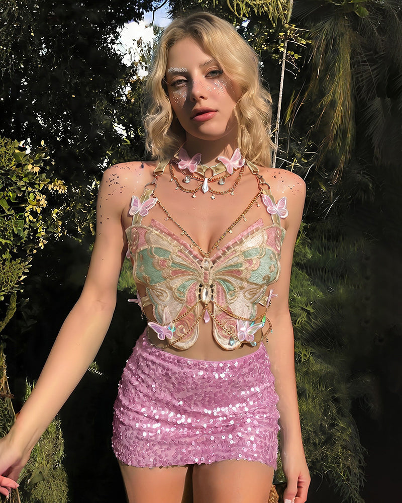 Embroidered Butterfly Top with Pearl Chain & Sequin Skirt Options