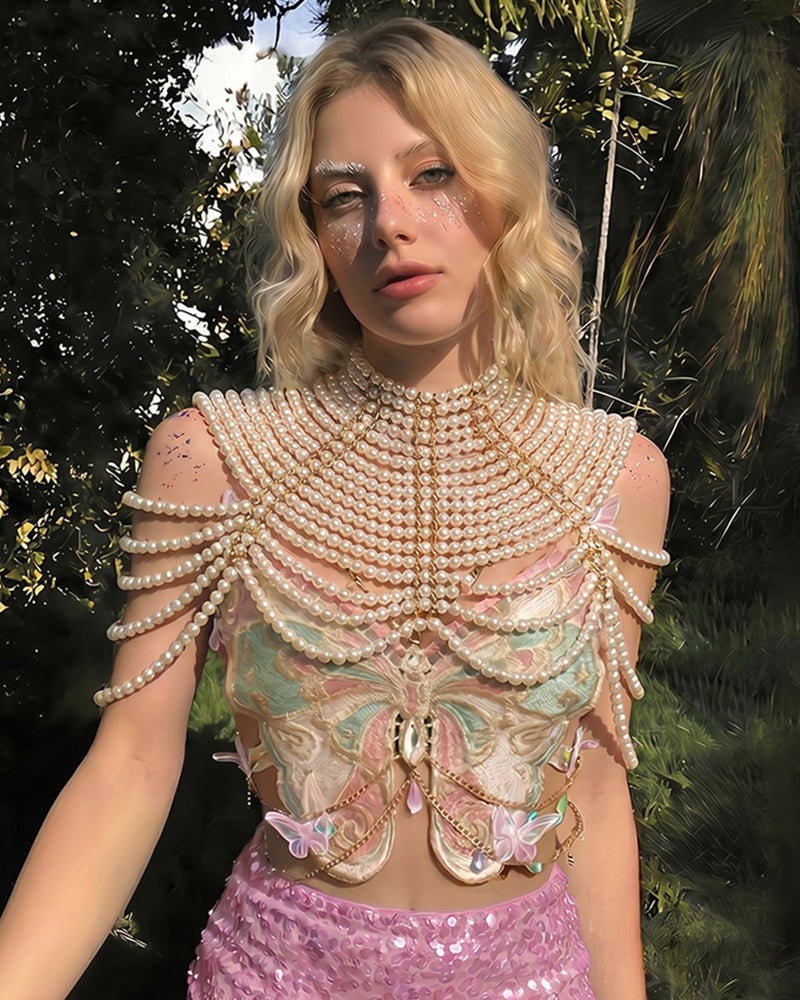 Embroidered Butterfly Top with Pearl Chain & Sequin Skirt Options