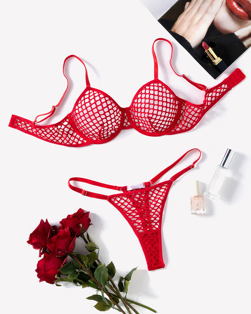 Fishnet Hollow Out Push Up Bra and Sheer Thong