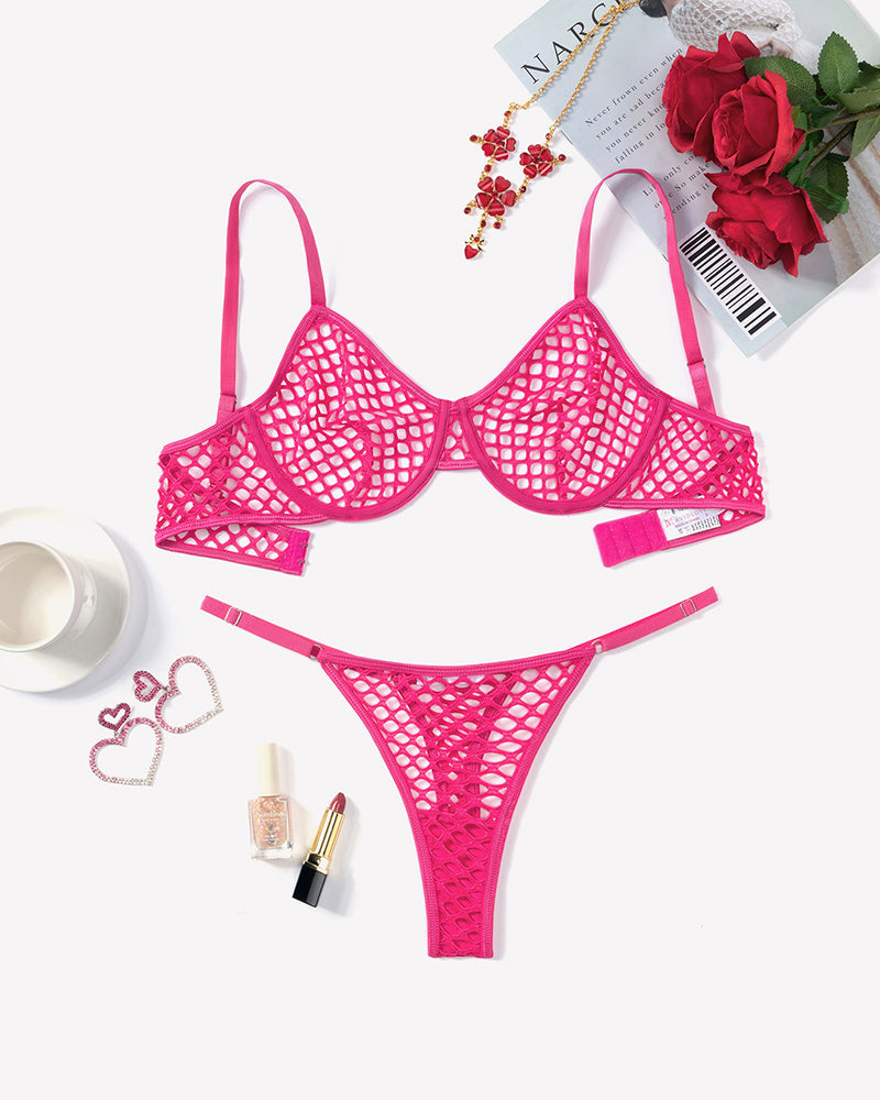 Fishnet Hollow Out Push Up Bra and Sheer Thong