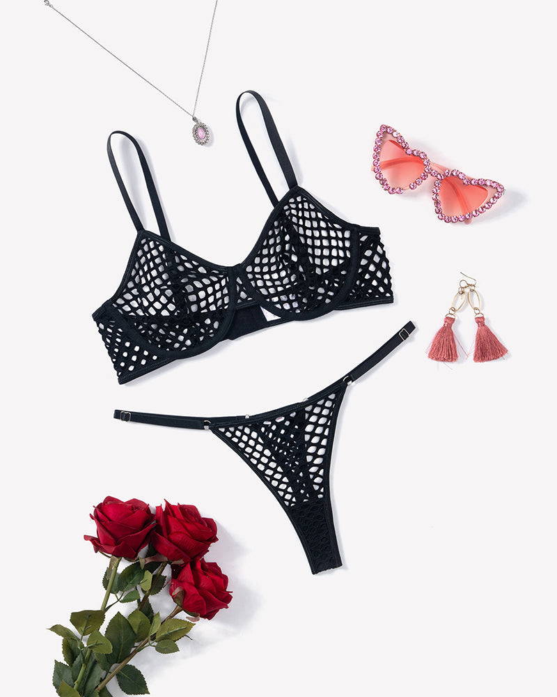 Fishnet Hollow Out Push Up Bra and Sheer Thong