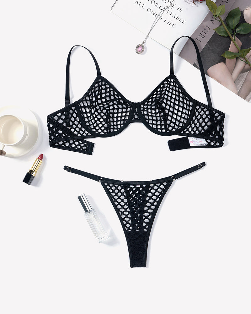 Fishnet Hollow Out Push Up Bra and Sheer Thong