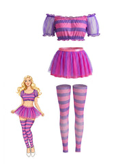 Striped Set Puff-Sleeve Crop Top + Tutu Skirt + Stockings (3-Piece Set)
