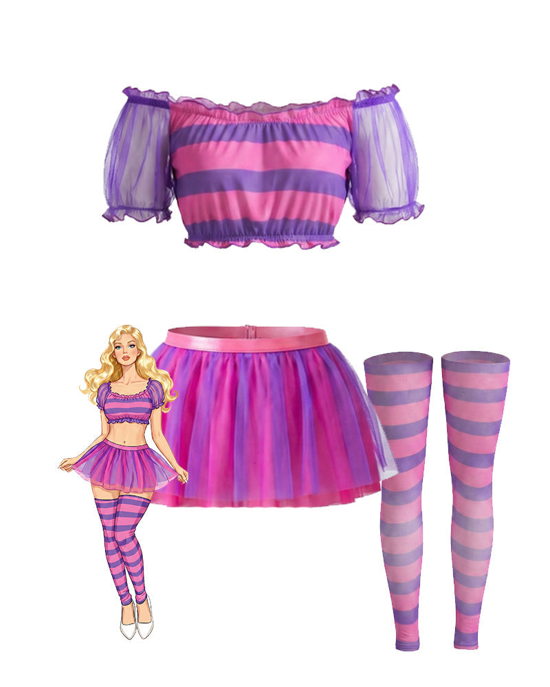 Striped Set Puff-Sleeve Crop Top + Tutu Skirt + Stockings (3-Piece Set)