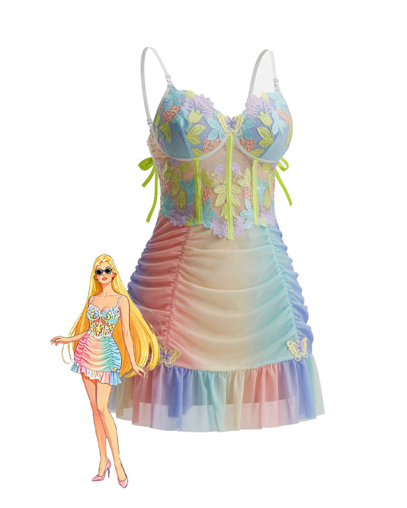 Rainbow Floral Lace Babydoll Mini Dress â€?Colorful Ruched Ruffle Hem Lingerie