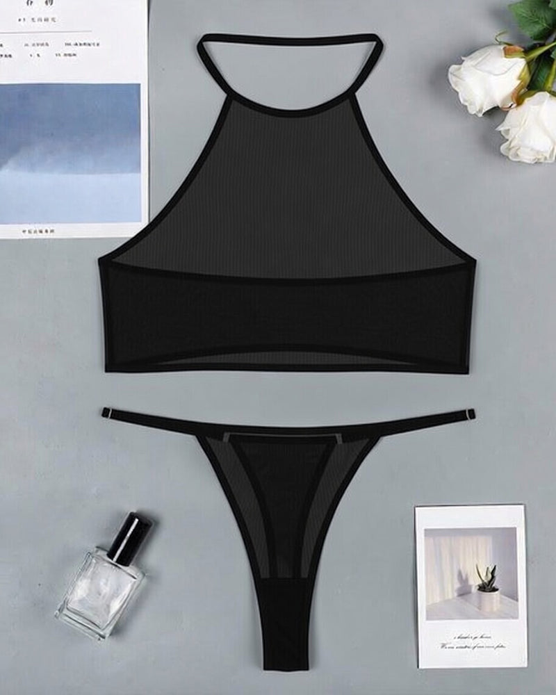 ⚡Flash Sale-Sheer Mesh Halter Crop Top & Thong Set