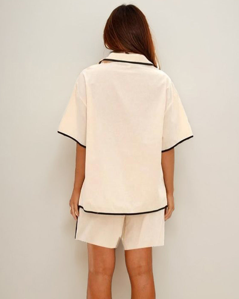 Linen Lace-up Shirt & Shorts Pajamas Sets
