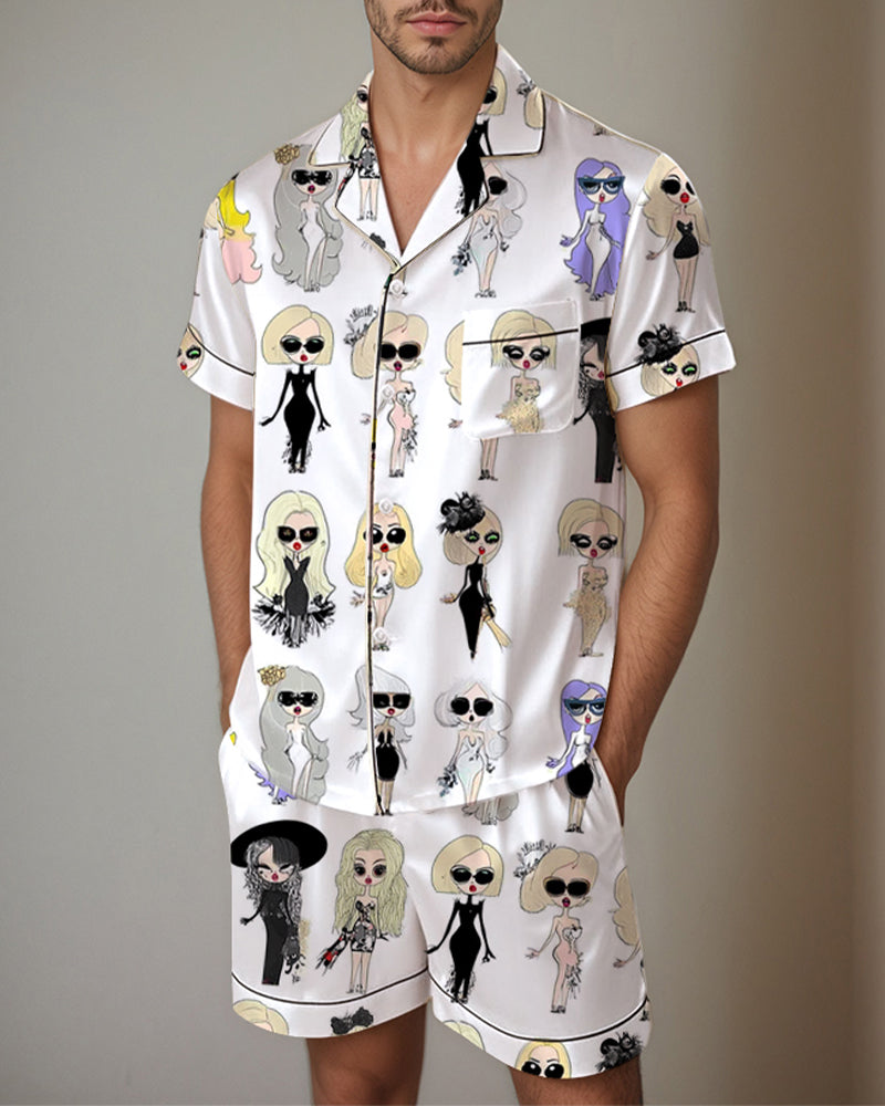 Men Cow Print Satin Pajama Set