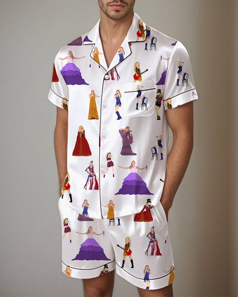 Men Cow Print Satin Pajama Set
