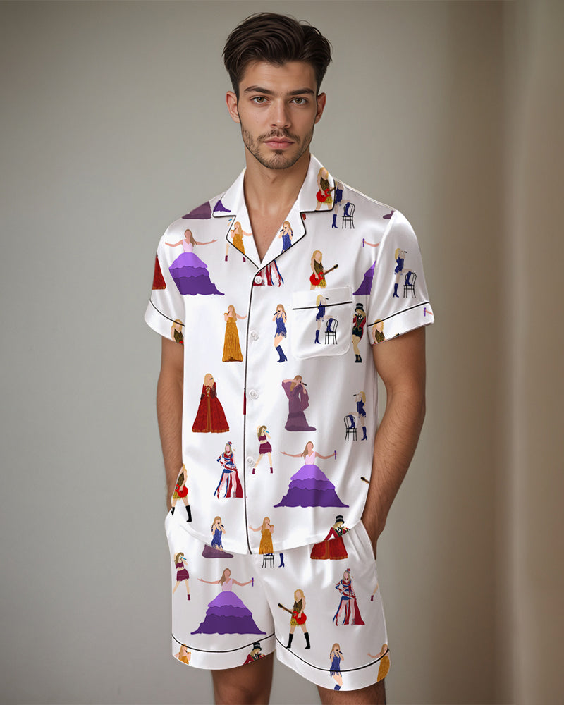 Men Cow Print Satin Pajama Set