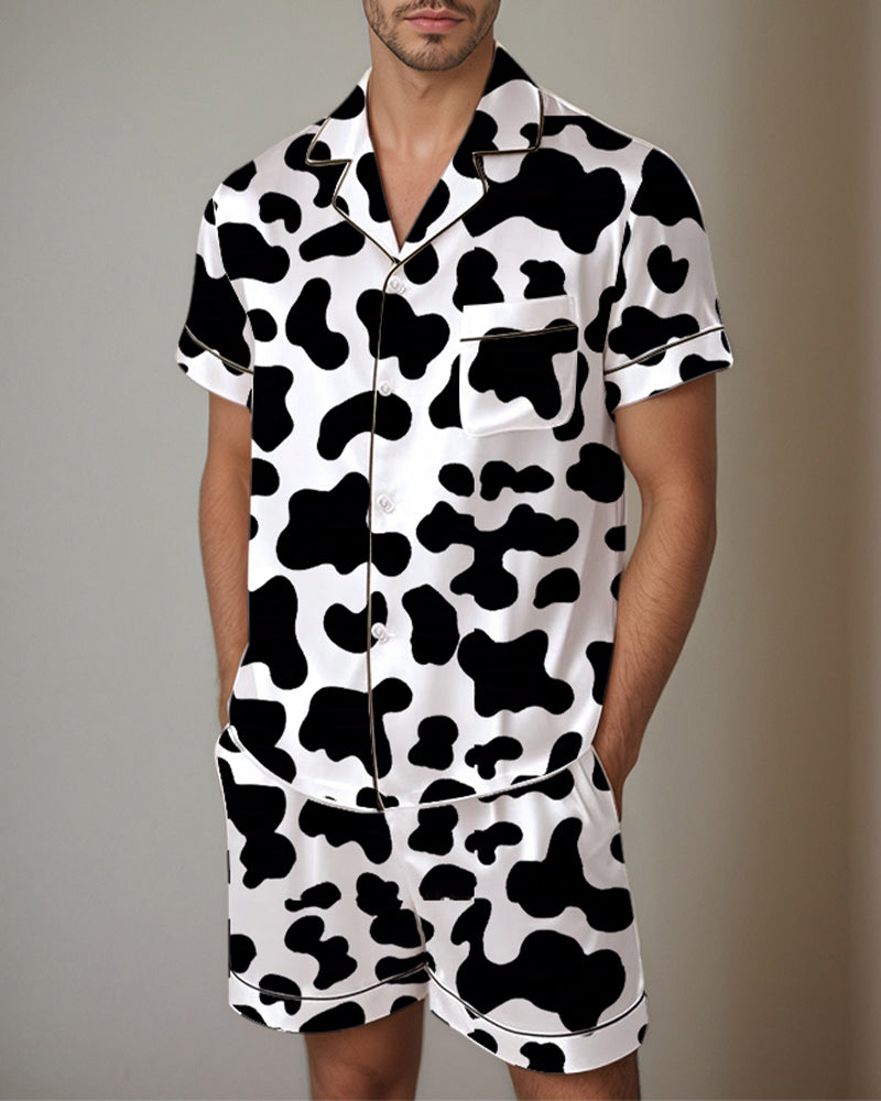 Men Cow Print Satin Pajama Set
