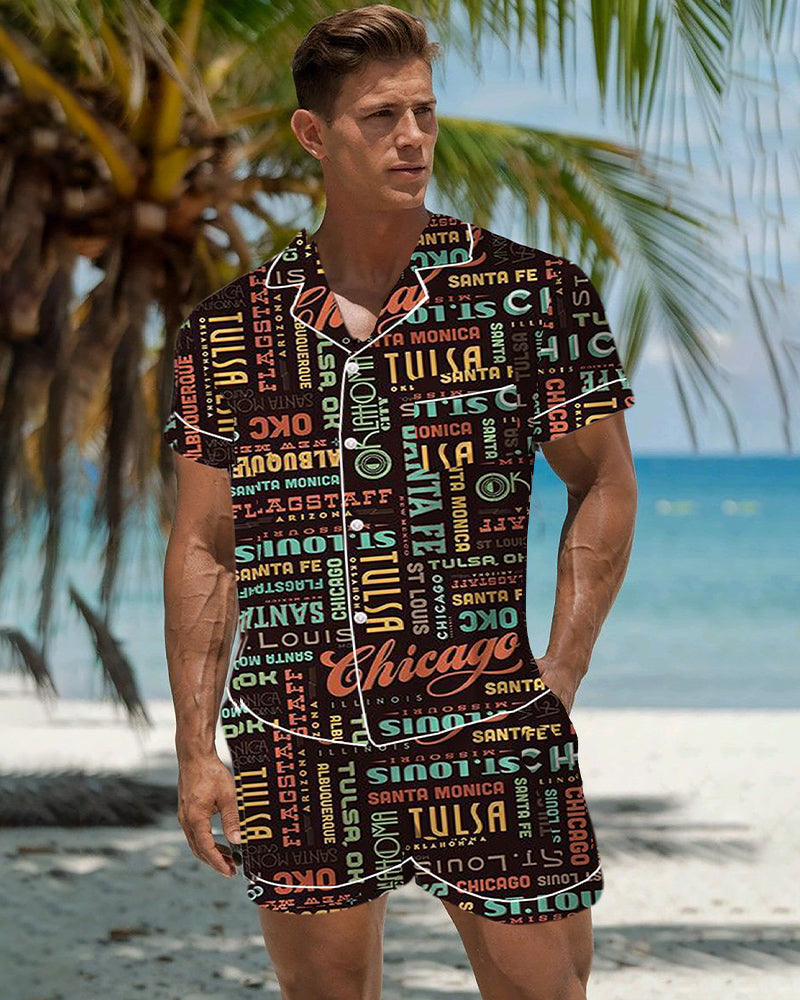 Men Retro Graffiti Cartoon Pattern Satin Pajama Set