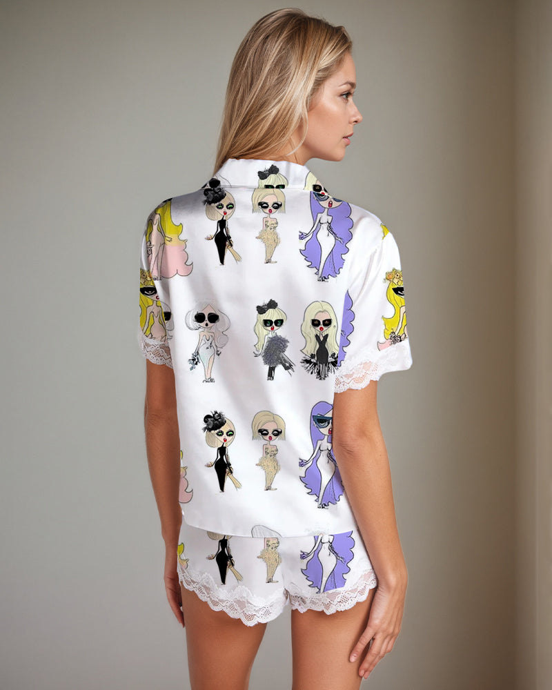 Women Black Cow Print Satin Pajama Set