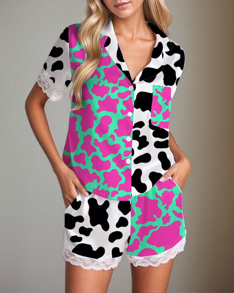 Women Black Cow Print Satin Pajama Set