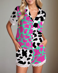 Women Black Cow Print Satin Pajama Set