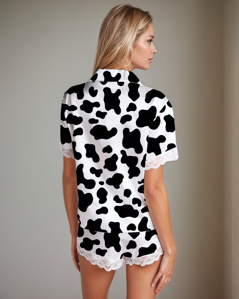 Women Black Cow Print Satin Pajama Set