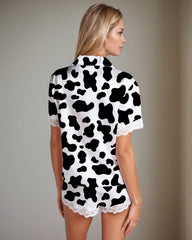 Women Black Cow Print Satin Pajama Set