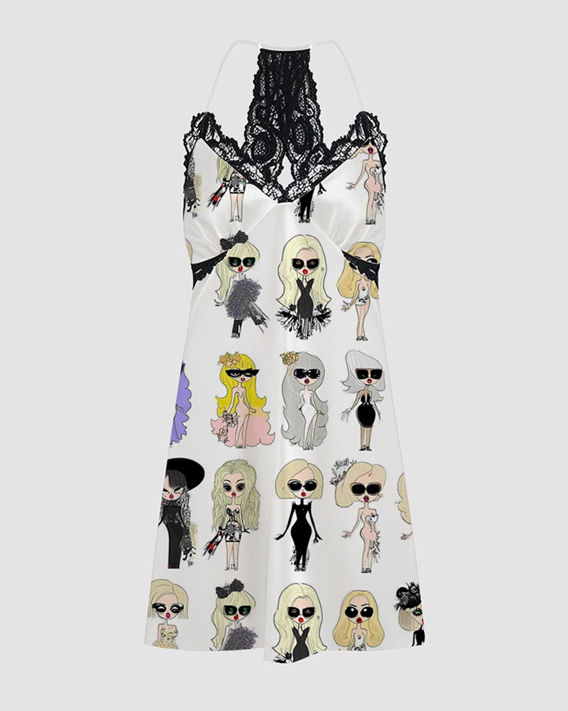 Women Music Theme Graffiti Satin Suspender Pajamas