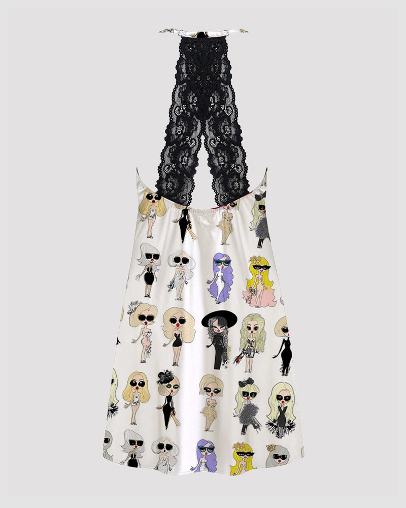 Women Music Theme Graffiti Satin Suspender Pajamas