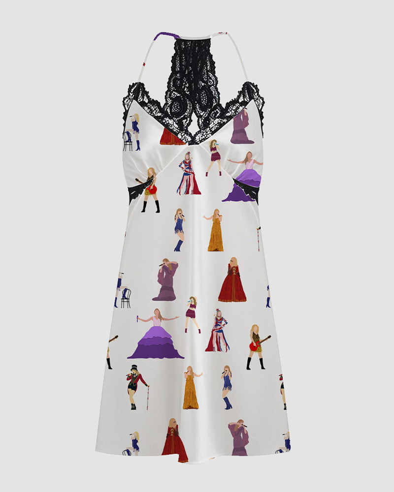 Women Music Theme Graffiti Satin Suspender Pajamas