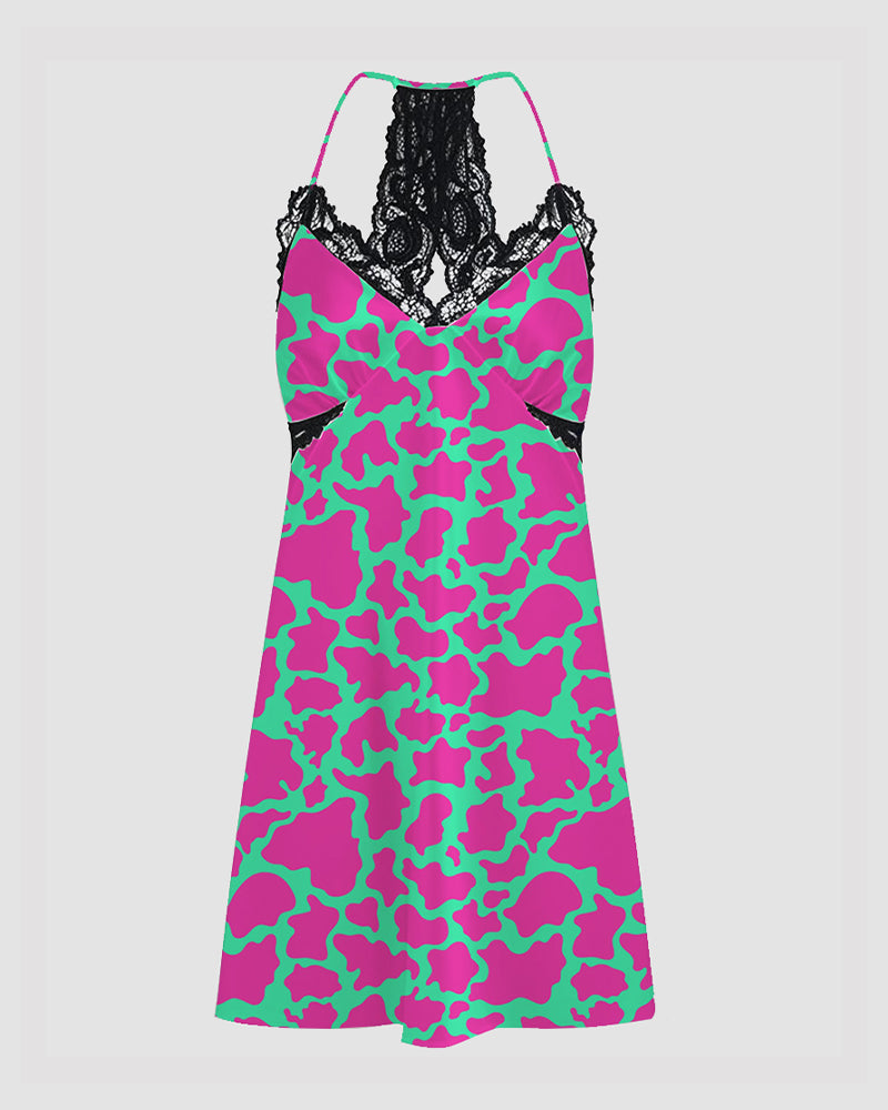 Women Music Theme Graffiti Satin Suspender Pajamas
