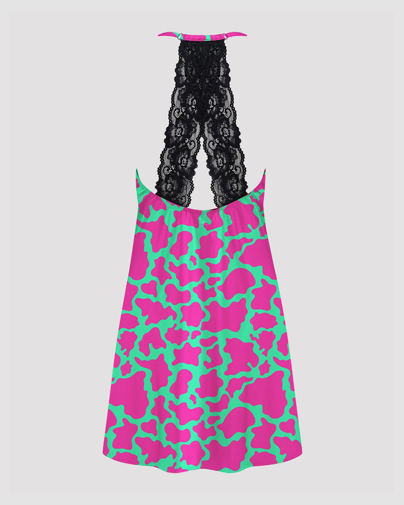 Women Music Theme Graffiti Satin Suspender Pajamas