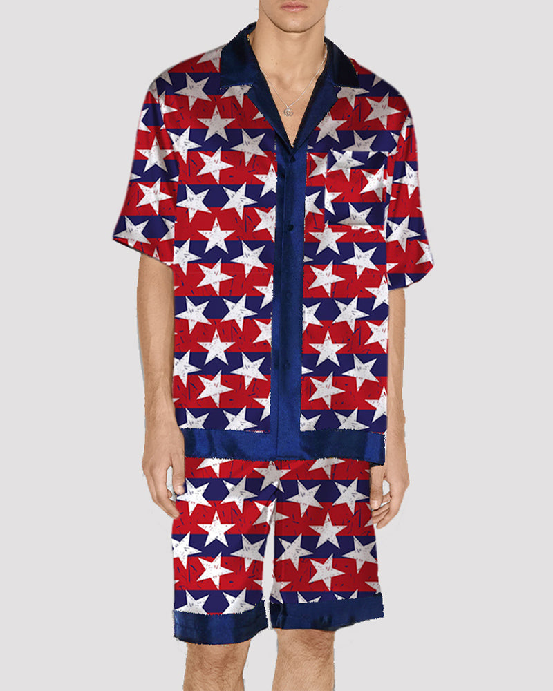 Men Cat Pattern Satin Pajama Set