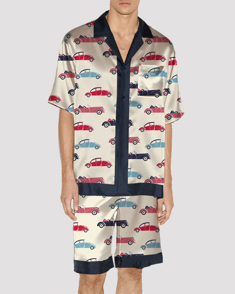Men Cat Pattern Satin Pajama Set