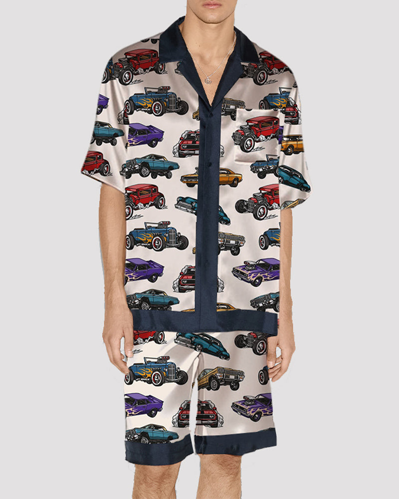 Men Cat Pattern Satin Pajama Set