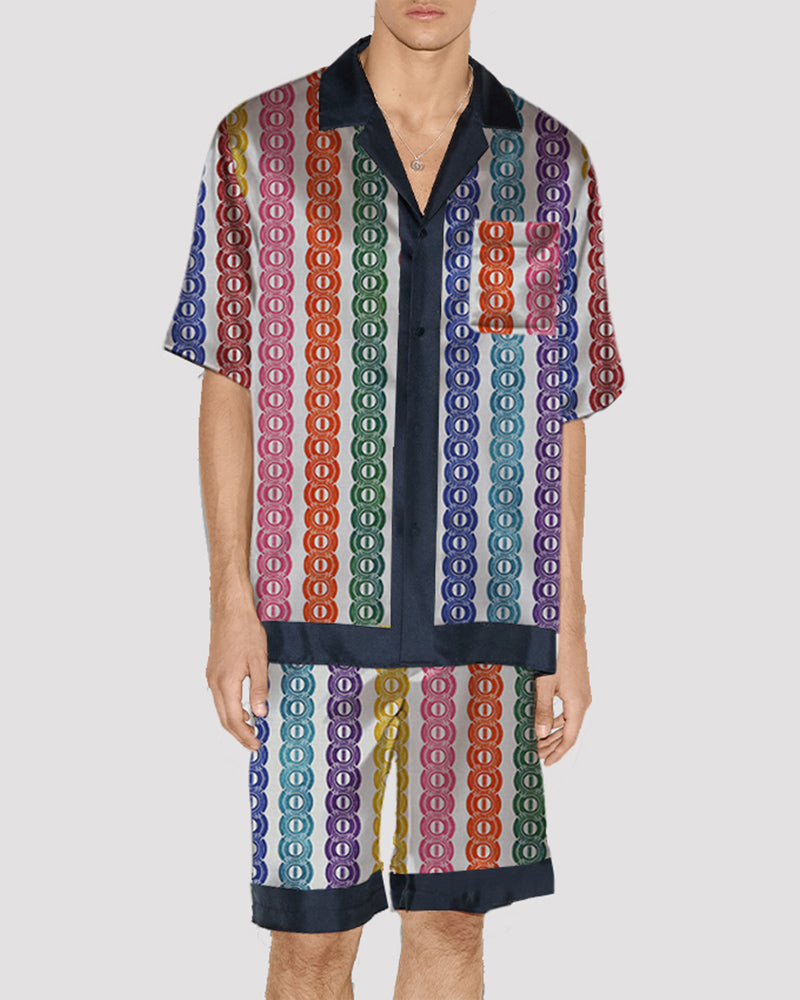 Men Cat Pattern Satin Pajama Set