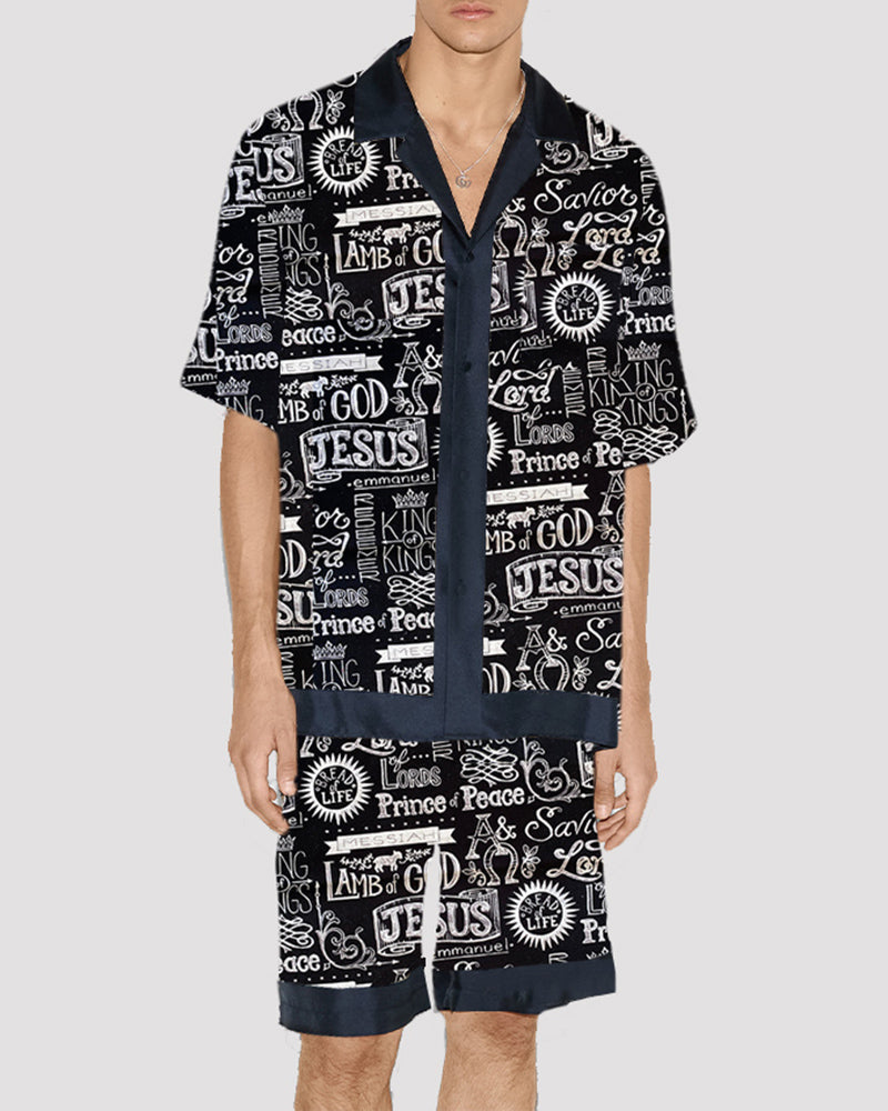 Men Cat Pattern Satin Pajama Set