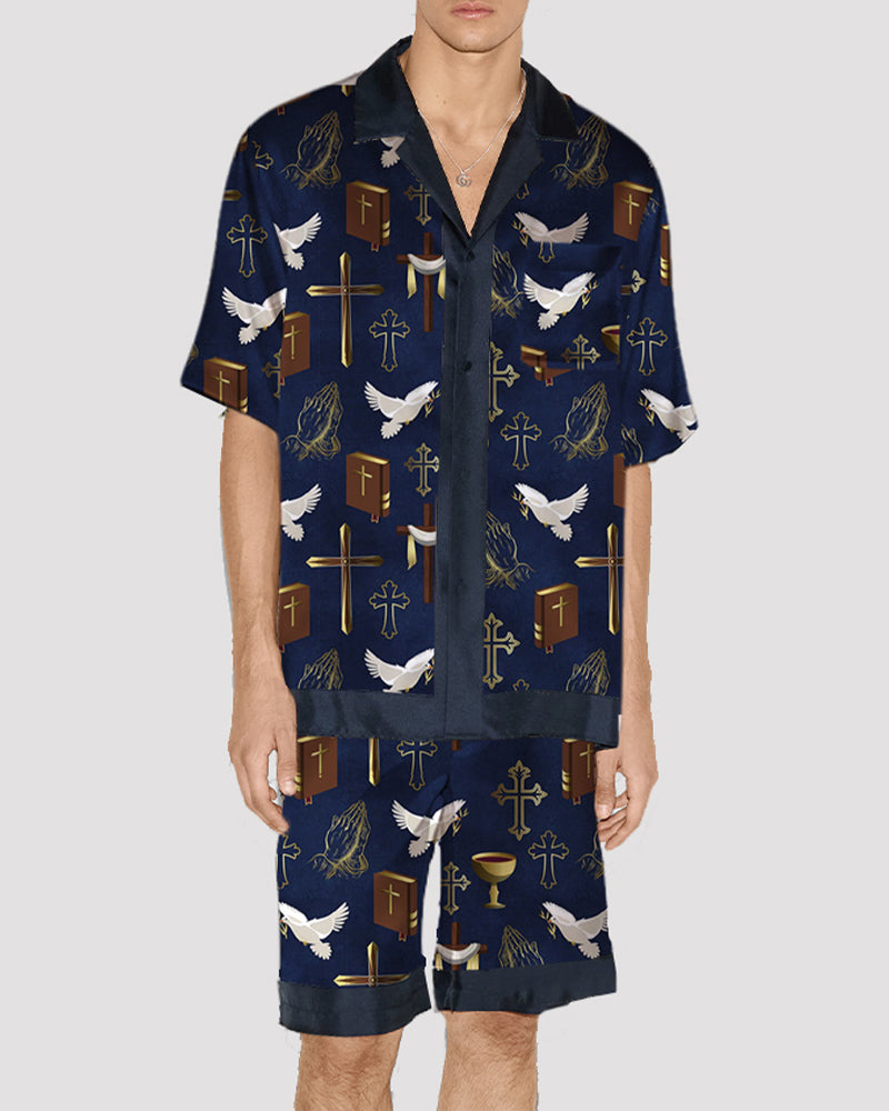 Men Cat Pattern Satin Pajama Set