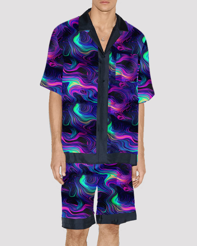 Men Colorful Swirl Pattern Satin Pajama Set