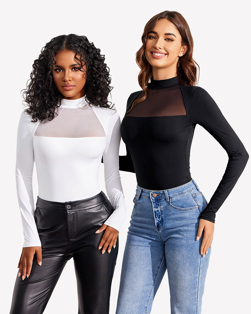 Long Sleeve Leotard Mesh Bodysuit Tops