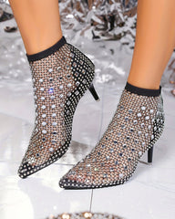 Rhinestone Fishnet Mesh Pointed-Toe Kitten Heel Booties