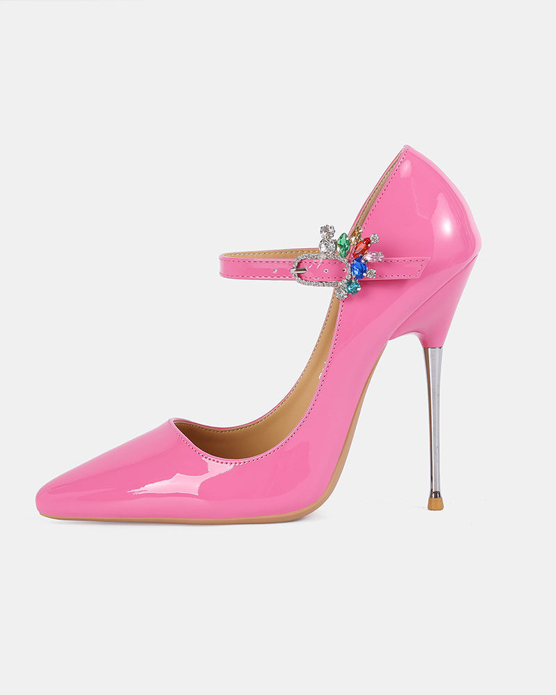 Rhinestone Buckle Strap Mary Jane Patent Stiletto Pump