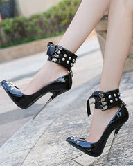 Spike Studded Lace-Up Ankle Strap Pointed Toe Stiletto Pump