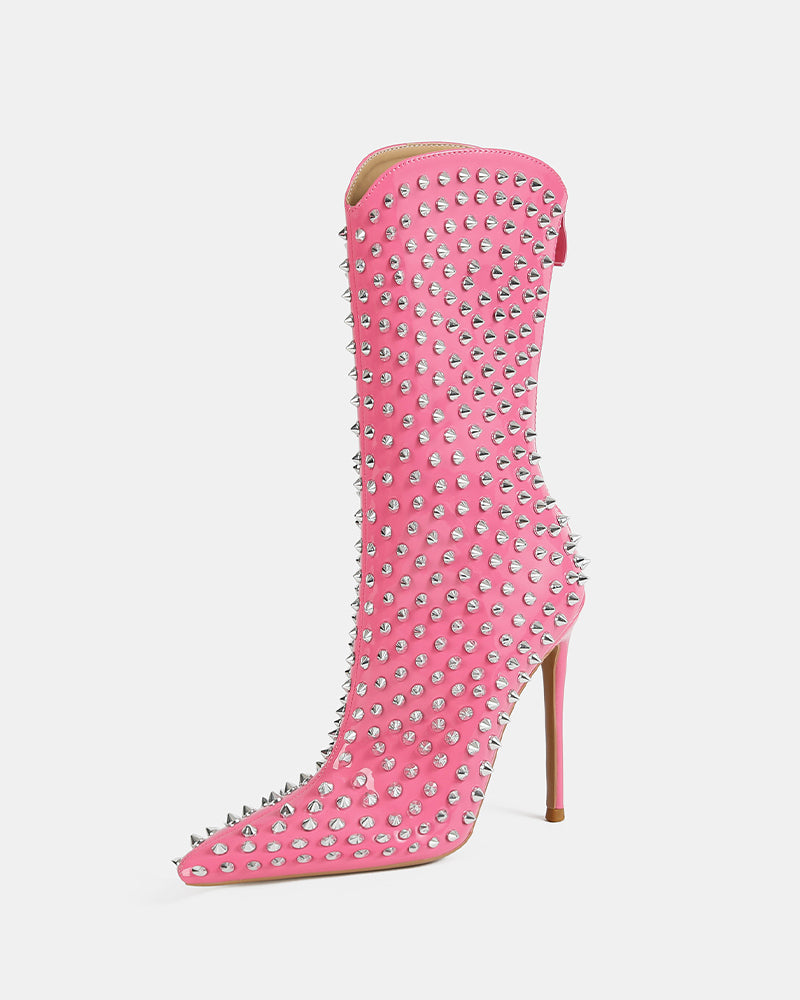 Spike Studded Patent Leather Pointed Toe Stiletto Mid-Calf Boot