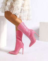 Spike Studded Patent Leather Pointed Toe Stiletto Mid-Calf Boot
