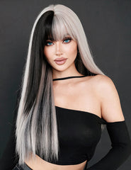 Long Straight Split Color Bangs Wig with Hair Net