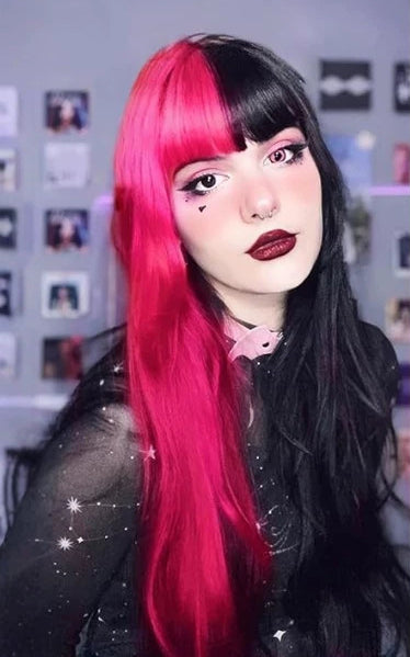 Long Straight Half Black Half Pink Halloween Wig