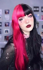 Long Straight Half Black Half Pink Halloween Wig