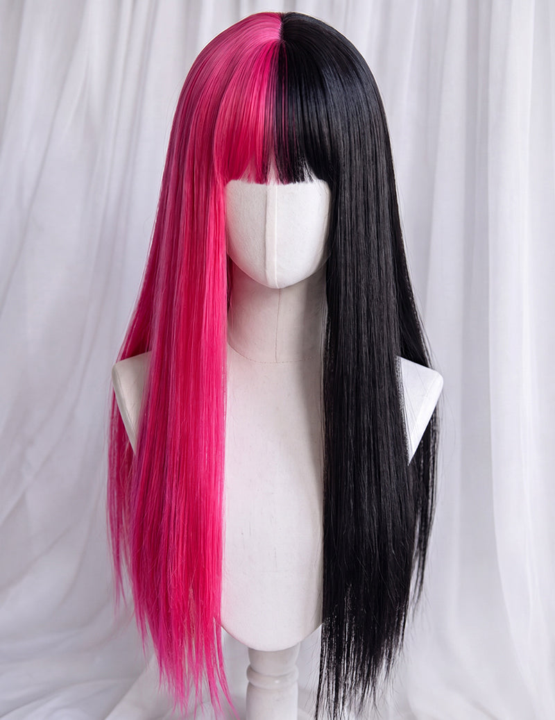 Long Straight Half Black Half Pink Halloween Wig