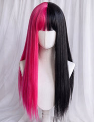 Long Straight Half Black Half Pink Halloween Wig