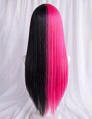 Long Straight Half Black Half Pink Halloween Wig