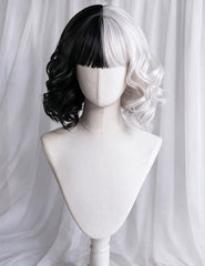 Short Wavy Bob Split Black White Yin Yang Wig