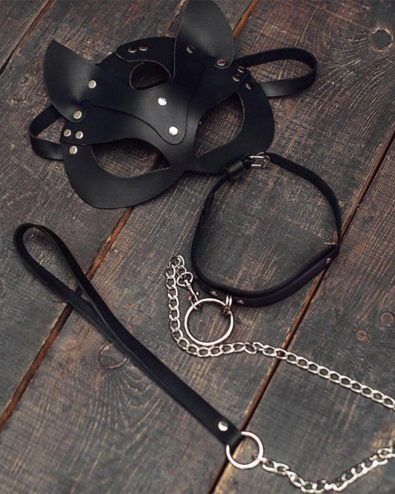 Leather Cat Mask with Ears & Leash
