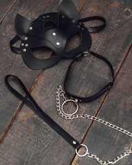 Leather Cat Mask with Ears & Leash