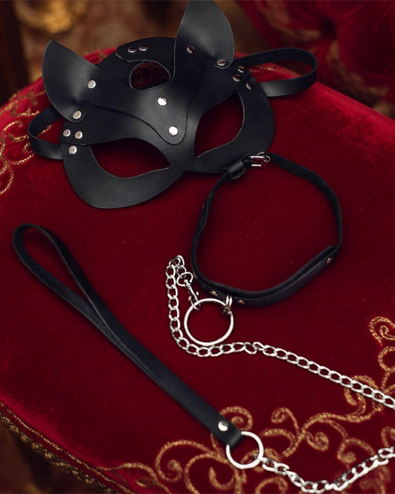 Leather Cat Mask with Ears & Leash