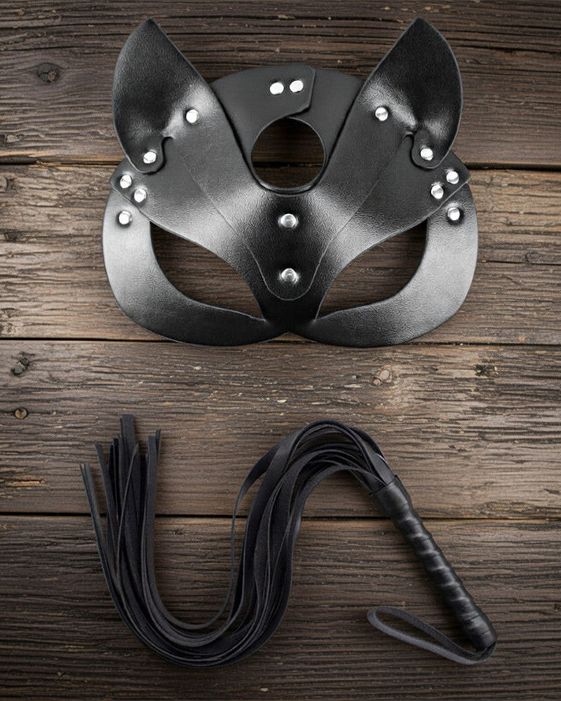 Leather Cat Mask with Ears & Leash